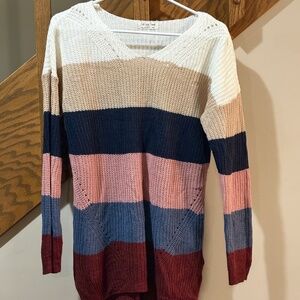 Full Circle Trade Color Block Knit Sweater Large V-Neck Tunic Pullover